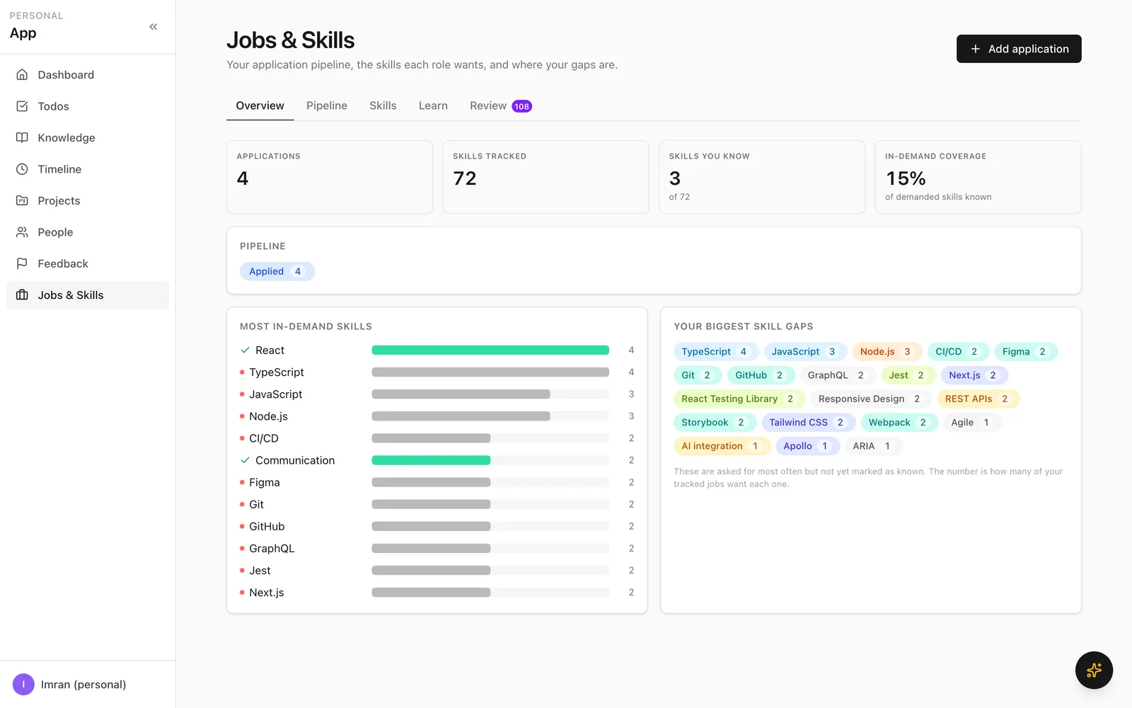 Jobs & Skills — AI-driven skill gap analysis against tracked job applications
